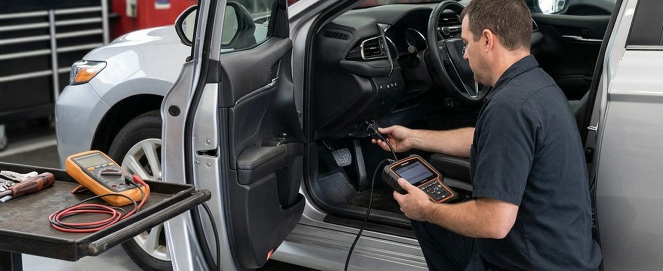 Technician connecting an OBD-II scan tool to a production sedan before ordering replacement parts