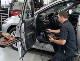 Technician connecting an OBD-II scan tool to a production sedan before ordering replacement parts