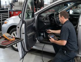 Technician connecting an OBD-II scan tool to a production sedan before ordering replacement parts