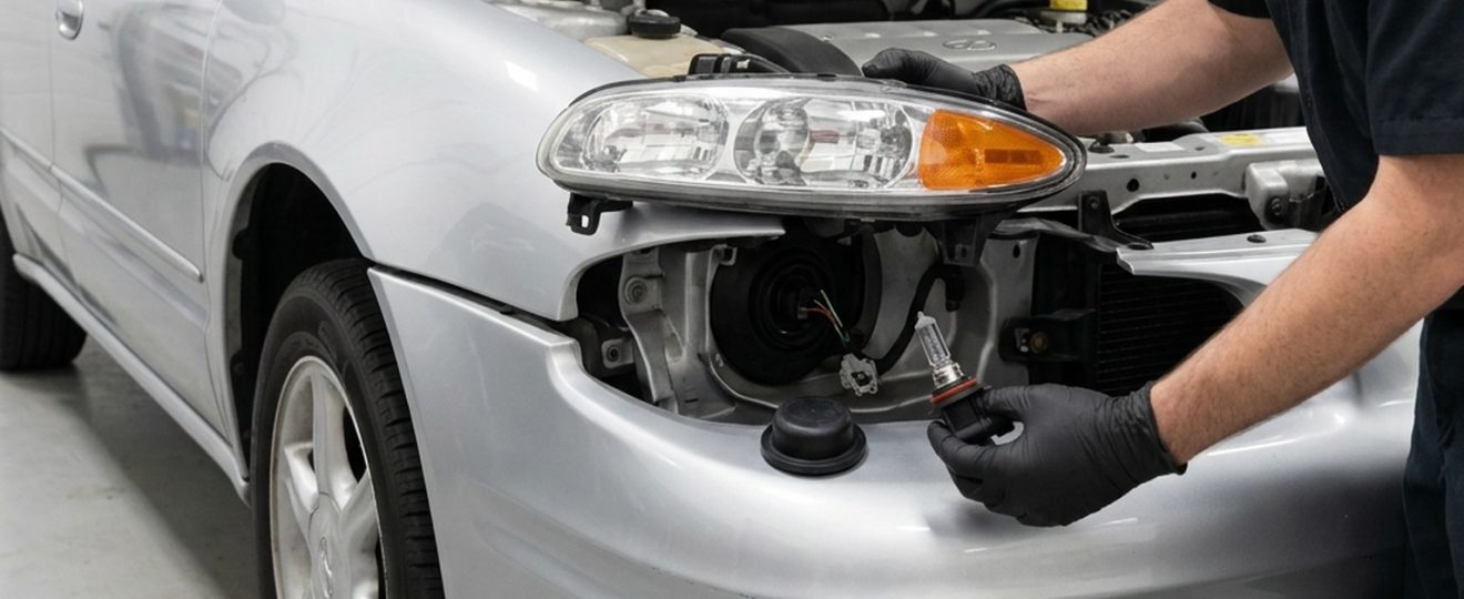 Technician servicing the 9006 low-beam headlamp assembly on a 2004 Oldsmobile Alero