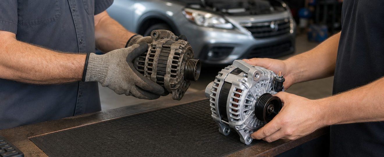 Mechanic exchanges a used alternator core for a clean remanufactured alternator at an automotive parts counter