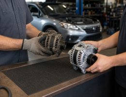 Mechanic exchanges a used alternator core for a clean remanufactured alternator at an automotive parts counter