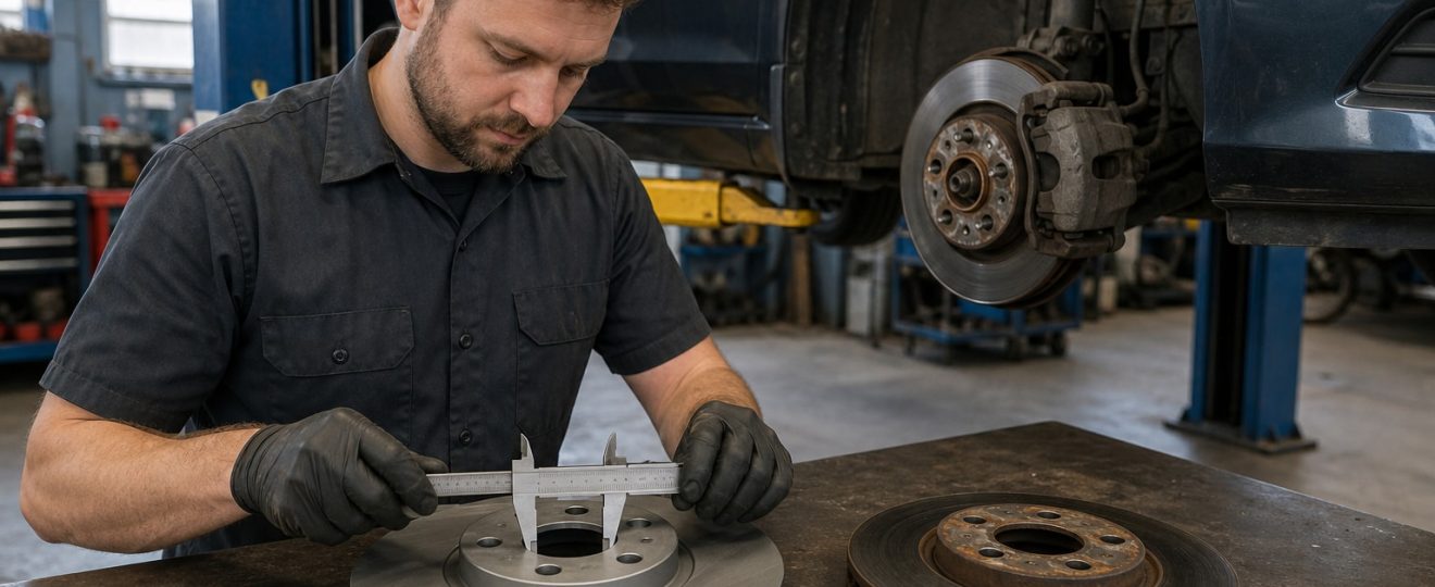 Automotive technician measuring the center bore of a replacement brake rotor against the removed original part