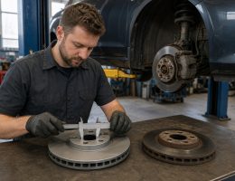 Automotive technician measuring the center bore of a replacement brake rotor against the removed original part