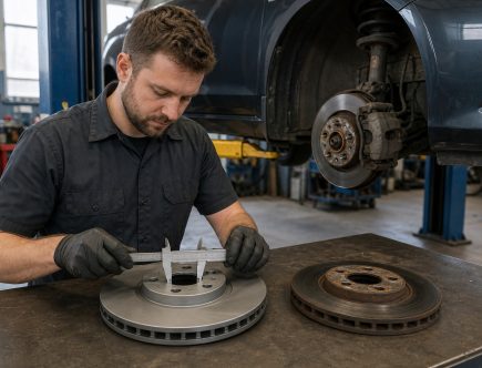 Automotive technician measuring the center bore of a replacement brake rotor against the removed original part